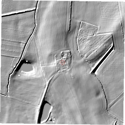 Shaded relief map of the ground around DN106BU, computed from Environment Agency LiDAR. The ground here sits at about 6 m above sea level and falls 10 m across the surrounding 800 m. Surface water reaching this point runs off ground lying to the west, 1.2 m higher.