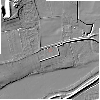 Shaded relief map of the ground around DN106DH, computed from Environment Agency LiDAR. The ground here sits at about 5 m above sea level and falls 15 m across the surrounding 800 m. Surface water reaching this point runs off ground lying to the east-south-east, 2.7 m higher.