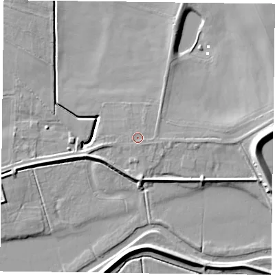 Shaded relief map of the ground around DN106DJ, computed from Environment Agency LiDAR. The ground here sits at about 4 m above sea level and falls 12 m across the surrounding 800 m. Surface water reaching this point runs off ground lying to the south-east, 0.6 m higher.