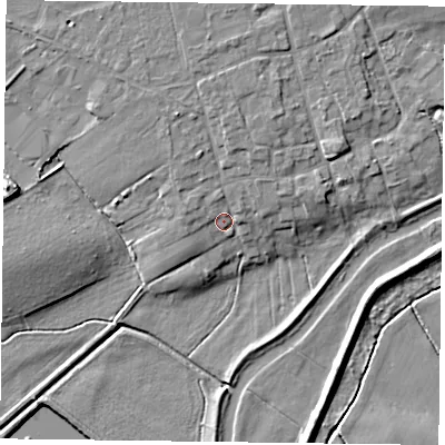 Shaded relief map of the ground around DN106DY, computed from Environment Agency LiDAR. The ground here sits at about 6 m above sea level and falls 11 m across the surrounding 800 m. Surface water reaching this point runs off ground lying to the north-north-west, 3.8 m higher.