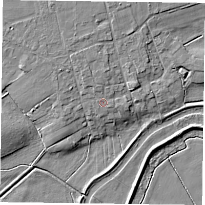 Shaded relief map of the ground around DN106ED, computed from Environment Agency LiDAR. The ground here sits at about 6 m above sea level and falls 9 m across the surrounding 800 m. Surface water reaching this point runs off ground lying to the north, 1.3 m higher.