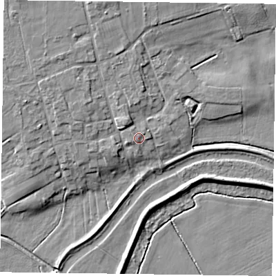 Shaded relief map of the ground around DN106EF, computed from Environment Agency LiDAR. The ground here sits at about 6 m above sea level and falls 9 m across the surrounding 800 m. Surface water reaching this point runs off ground lying to the north-west, 1.0 m higher.