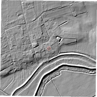 Shaded relief map of the ground around DN106EJ, computed from Environment Agency LiDAR. The ground here sits at about 6 m above sea level and falls 9 m across the surrounding 800 m. Surface water reaching this point runs off ground lying to the west, 0.5 m higher.