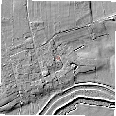 Shaded relief map of the ground around DN106EL, computed from Environment Agency LiDAR. The ground here sits at about 5 m above sea level and falls 9 m across the surrounding 800 m. Surface water reaching this point runs off ground lying to the north-north-west, 3.9 m higher.