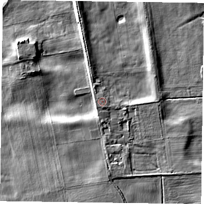 Shaded relief map of the ground around DN106EP, computed from Environment Agency LiDAR. The ground here sits at about 6 m above sea level and falls 6 m across the surrounding 800 m. The ground contributing surface water to this point lies to the north-west.