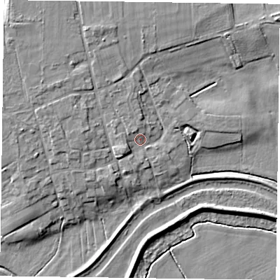 Shaded relief map of the ground around DN106EQ, computed from Environment Agency LiDAR. The ground here sits at about 6 m above sea level and falls 9 m across the surrounding 800 m. Surface water reaching this point runs off ground lying to the west-south-west, 3.0 m higher.