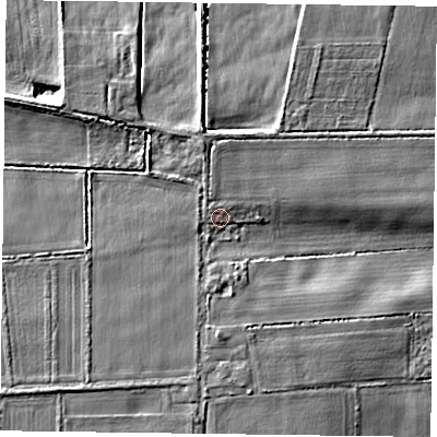 Shaded relief map of the ground around DN106ES, computed from Environment Agency LiDAR. The ground here sits at about 4 m above sea level and falls 5 m across the surrounding 800 m. Surface water reaching this point runs off ground lying to the south-west, 2.3 m higher.