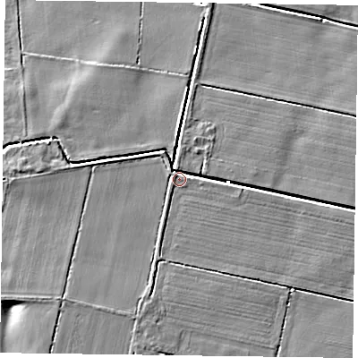 Shaded relief map of the ground around DN106ET, computed from Environment Agency LiDAR. The ground here sits at about 3 m above sea level and falls 5 m across the surrounding 800 m. Surface water reaching this point runs off ground lying to the south-west, 2.5 m higher.