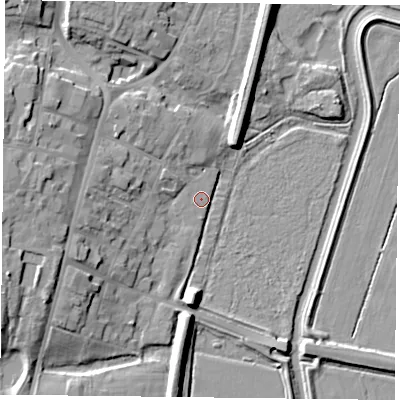 Shaded relief map of the ground around DN106HB, computed from Environment Agency LiDAR. The ground here sits at about 5 m above sea level and falls 14 m across the surrounding 800 m. Surface water reaching this point runs off ground lying to the west, 11.3 m higher.