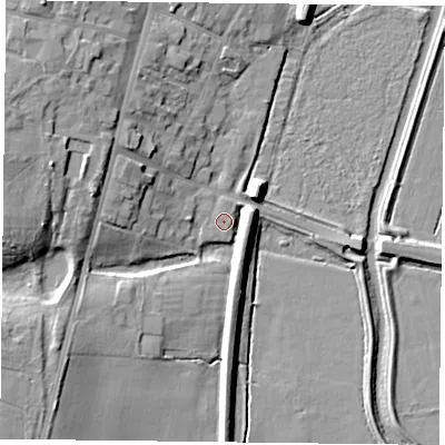 Shaded relief map of the ground around DN106HN, computed from Environment Agency LiDAR. The ground here sits at about 5 m above sea level and falls 14 m across the surrounding 800 m. Surface water reaching this point runs off ground lying to the south-west, 10.9 m higher.