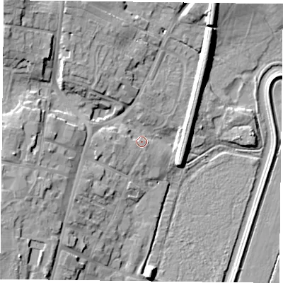Shaded relief map of the ground around DN106HP, computed from Environment Agency LiDAR. The ground here sits at about 7 m above sea level and falls 18 m across the surrounding 800 m. Surface water reaching this point runs off ground lying to the west, 3.2 m higher.