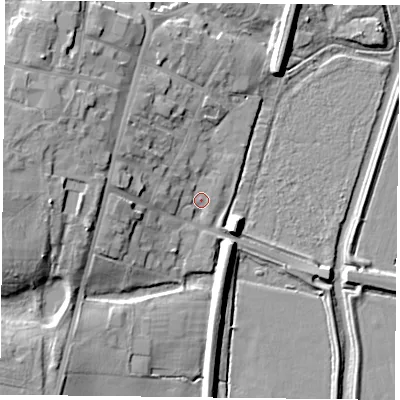 Shaded relief map of the ground around DN106HQ, computed from Environment Agency LiDAR. The ground here sits at about 5 m above sea level and falls 14 m across the surrounding 800 m. Surface water reaching this point runs off ground lying to the west-north-west, 11.0 m higher.