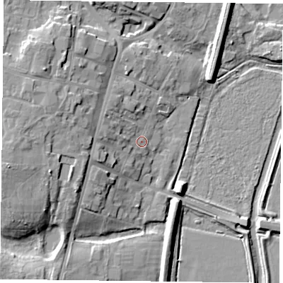 Shaded relief map of the ground around DN106HR, computed from Environment Agency LiDAR. The ground here sits at about 6 m above sea level and falls 14 m across the surrounding 800 m. Surface water reaching this point runs off ground lying to the west-north-west, 4.8 m higher.