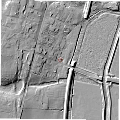 Shaded relief map of the ground around DN106HT, computed from Environment Agency LiDAR. The ground here sits at about 5 m above sea level and falls 14 m across the surrounding 800 m. Surface water reaching this point runs off ground lying to the west-north-west, 7.2 m higher.