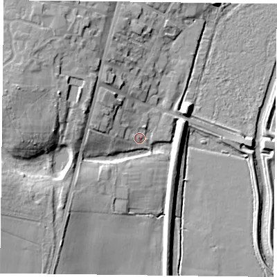 Shaded relief map of the ground around DN106LU, computed from Environment Agency LiDAR. The ground here sits at about 6 m above sea level and falls 14 m across the surrounding 800 m. Surface water reaching this point runs off ground lying to the west-north-west, 4.4 m higher.