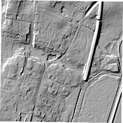 Shaded relief map of the ground around DN106PT, computed from Environment Agency LiDAR. The ground here sits at about 6 m above sea level and falls 18 m across the surrounding 800 m. Surface water reaching this point runs off ground lying to the north-west, 14.0 m higher.