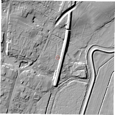 Shaded relief map of the ground around DN106PY, computed from Environment Agency LiDAR. The ground here sits at about 7 m above sea level and falls 18 m across the surrounding 800 m. Surface water reaching this point runs off ground lying to the north-west, 11.6 m higher.