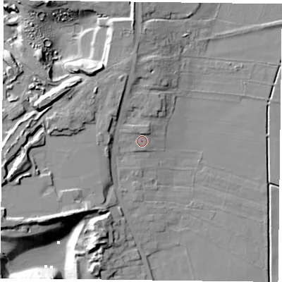 Shaded relief map of the ground around DN106QY, computed from Environment Agency LiDAR. The ground here sits at about 8 m above sea level and falls 20 m across the surrounding 800 m. Surface water reaching this point runs off ground lying to the north-north-west, 1.4 m higher.