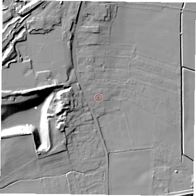 Shaded relief map of the ground around DN106RH, computed from Environment Agency LiDAR. The ground here sits at about 6 m above sea level and falls 20 m across the surrounding 800 m. Surface water reaching this point runs off ground lying to the north-west, 1.7 m higher.