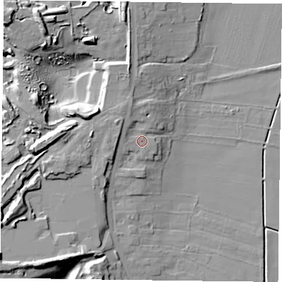 Shaded relief map of the ground around DN106SQ, computed from Environment Agency LiDAR. The ground here sits at about 9 m above sea level and falls 19 m across the surrounding 800 m. Surface water reaching this point runs off ground lying to the north-north-west, 3.3 m higher.