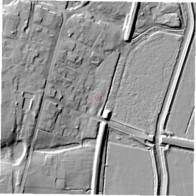 Shaded relief map of the ground around DN106SU, computed from Environment Agency LiDAR. The ground here sits at about 5 m above sea level and falls 14 m across the surrounding 800 m. Surface water reaching this point runs off ground lying to the west-north-west, 10.9 m higher.