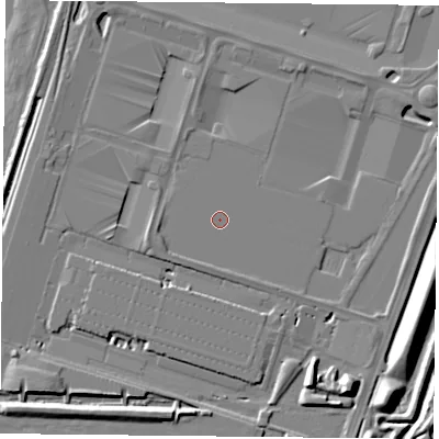 Shaded relief map of the ground around DN110BF, computed from Environment Agency LiDAR. The ground here sits at about 5 m above sea level and falls 10 m across the surrounding 800 m. Surface water reaching this point runs off ground lying to the south-south-west, 0.9 m higher.