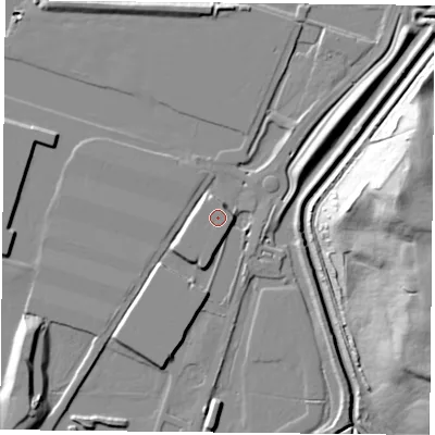 Shaded relief map of the ground around DN110BG, computed from Environment Agency LiDAR. The ground here sits at about 9 m above sea level and falls 29 m across the surrounding 800 m. The ground contributing surface water to this point lies to the south.
