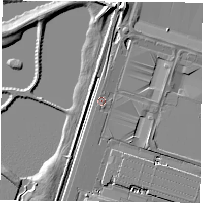 Shaded relief map of the ground around DN110BQ, computed from Environment Agency LiDAR. The ground here sits at about 6 m above sea level and falls 9 m across the surrounding 800 m. The ground contributing surface water to this point lies to the east-south-east.