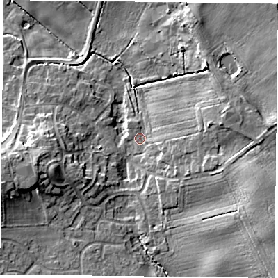 Shaded relief map of the ground around DN110EA, computed from Environment Agency LiDAR. The ground here sits at about 8 m above sea level and falls 14 m across the surrounding 800 m. Surface water reaching this point runs off ground lying to the east, 10.8 m higher.
