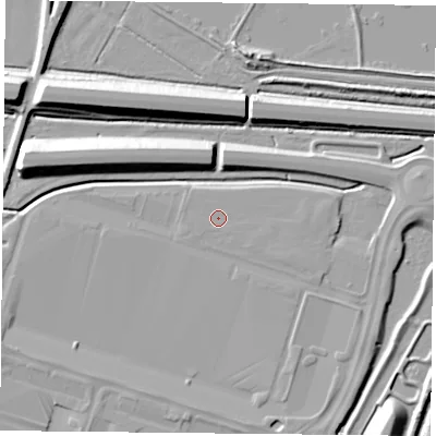 Shaded relief map of the ground around DN110GS, computed from Environment Agency LiDAR. The ground here sits at about 5 m above sea level and falls 12 m across the surrounding 800 m. The ground contributing surface water to this point lies to the east-south-east.