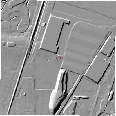 Shaded relief map of the ground around DN110GU, computed from Environment Agency LiDAR. The ground here sits at about 7 m above sea level and falls 10 m across the surrounding 800 m. The ground contributing surface water to this point lies to the north-west.