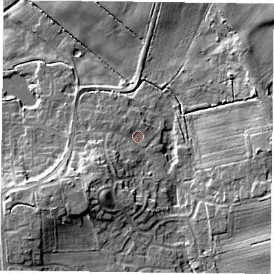 Shaded relief map of the ground around DN110HB, computed from Environment Agency LiDAR. The ground here sits at about 8 m above sea level and falls 14 m across the surrounding 800 m. Surface water reaching this point runs off ground lying to the south-west, 6.7 m higher.
