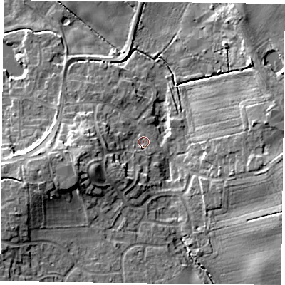 Shaded relief map of the ground around DN110HD, computed from Environment Agency LiDAR. The ground here sits at about 8 m above sea level and falls 13 m across the surrounding 800 m. Surface water reaching this point runs off ground lying to the west-south-west, 7.3 m higher.