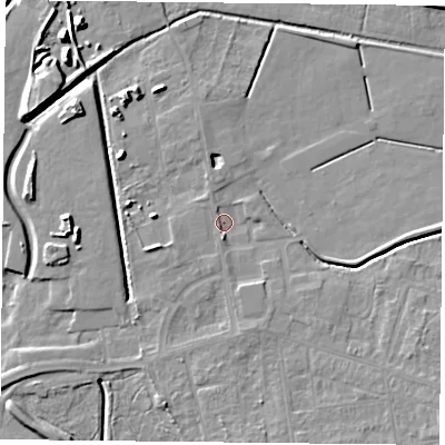 Shaded relief map of the ground around DN110PS, computed from Environment Agency LiDAR. The ground here sits at about 6 m above sea level and falls 9 m across the surrounding 800 m. Surface water reaching this point runs off ground lying to the south, 2.7 m higher.