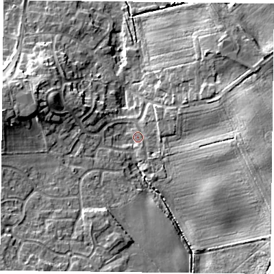 Shaded relief map of the ground around DN110UE, computed from Environment Agency LiDAR. The ground here sits at about 9 m above sea level and falls 12 m across the surrounding 800 m. Surface water reaching this point runs off ground lying to the east, 10.1 m higher.