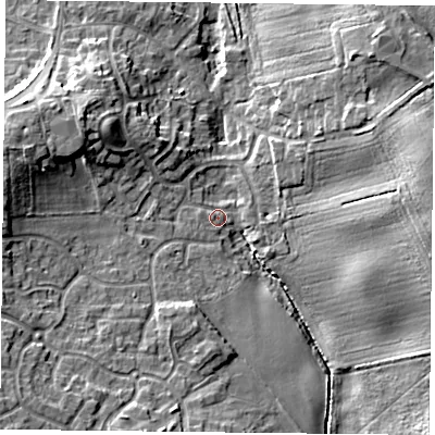 Shaded relief map of the ground around DN110UH, computed from Environment Agency LiDAR. The ground here sits at about 9 m above sea level and falls 11 m across the surrounding 800 m. Surface water reaching this point runs off ground lying to the east, 9.4 m higher.