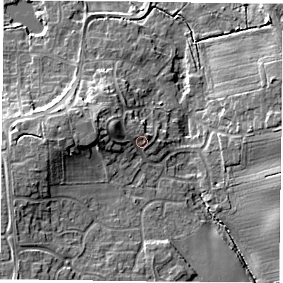 Shaded relief map of the ground around DN110UR, computed from Environment Agency LiDAR. The ground here sits at about 11 m above sea level and falls 12 m across the surrounding 800 m. Surface water reaching this point runs off ground lying to the west-north-west, 4.0 m higher.