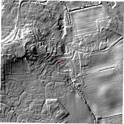 Shaded relief map of the ground around DN110UW, computed from Environment Agency LiDAR. The ground here sits at about 8 m above sea level and falls 12 m across the surrounding 800 m. Surface water reaching this point runs off ground lying to the east, 9.0 m higher.