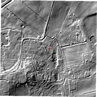 Shaded relief map of the ground around DN110XX, computed from Environment Agency LiDAR. The ground here sits at about 7 m above sea level and falls 14 m across the surrounding 800 m. Surface water reaching this point runs off ground lying to the south-west, 9.5 m higher.