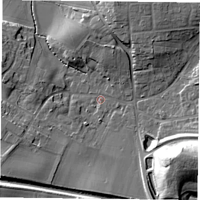 Shaded relief map of the ground around DN118LB, computed from Environment Agency LiDAR. The ground here sits at about 15 m above sea level and falls 30 m across the surrounding 800 m. Surface water reaching this point runs off ground lying to the east-south-east, 26.9 m higher.