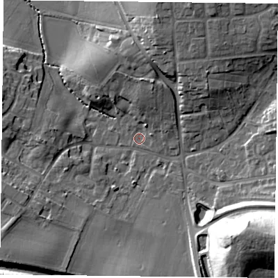 Shaded relief map of the ground around DN118LE, computed from Environment Agency LiDAR. The ground here sits at about 15 m above sea level and falls 31 m across the surrounding 800 m. Surface water reaching this point runs off ground lying to the north-north-east, 7.2 m higher.