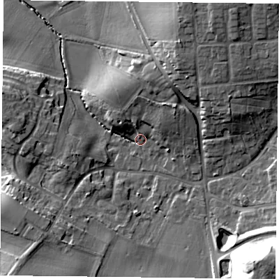 Shaded relief map of the ground around DN118LG, computed from Environment Agency LiDAR. The ground here sits at about 15 m above sea level and falls 32 m across the surrounding 800 m. Surface water reaching this point runs off ground lying to the north-east, 8.8 m higher.