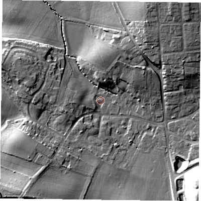 Shaded relief map of the ground around DN118LH, computed from Environment Agency LiDAR. The ground here sits at about 14 m above sea level and falls 27 m across the surrounding 800 m. Surface water reaching this point runs off ground lying to the south-east, 24.1 m higher.