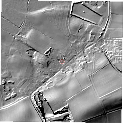 Shaded relief map of the ground around DN118NB, computed from Environment Agency LiDAR. The ground here sits at about 15 m above sea level and falls 25 m across the surrounding 800 m. Surface water reaching this point runs off ground lying to the north-east, 2.2 m higher.