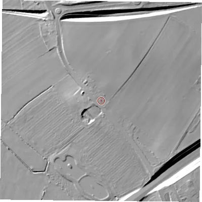 Shaded relief map of the ground around DN119DH, computed from Environment Agency LiDAR. The ground here sits at about 23 m above sea level and falls 19 m across the surrounding 800 m. Surface water reaching this point runs off ground lying to the north-north-east, 4.2 m higher.