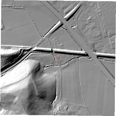 Shaded relief map of the ground around DN119DR, computed from Environment Agency LiDAR. The ground here sits at about 18 m above sea level and falls 40 m across the surrounding 800 m. Surface water reaching this point runs off ground lying to the south-west, 35.2 m higher.