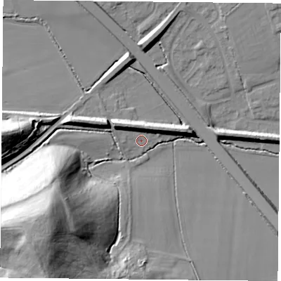 Shaded relief map of the ground around DN119DS, computed from Environment Agency LiDAR. The ground here sits at about 17 m above sea level and falls 40 m across the surrounding 800 m. Surface water reaching this point runs off ground lying to the west-north-west, 7.7 m higher.