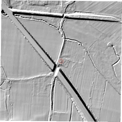 Shaded relief map of the ground around DN119DW, computed from Environment Agency LiDAR. The ground here sits at about 14 m above sea level and falls 17 m across the surrounding 800 m. Surface water reaching this point runs off ground lying to the west-south-west, 1.2 m higher.