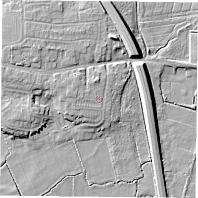 Shaded relief map of the ground around DN119ET, computed from Environment Agency LiDAR. The ground here sits at about 14 m above sea level and falls 10 m across the surrounding 800 m. Surface water reaching this point runs off ground lying to the north-north-west, 2.0 m higher.