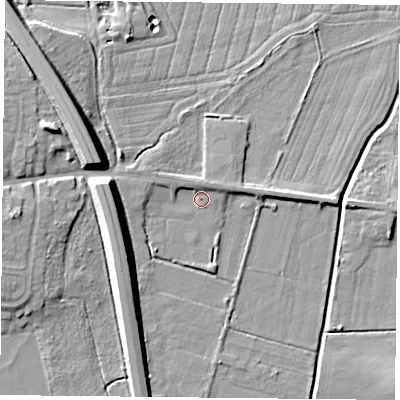 Shaded relief map of the ground around DN119EX, computed from Environment Agency LiDAR. The ground here sits at about 10 m above sea level and falls 12 m across the surrounding 800 m. Surface water reaching this point runs off ground lying to the north-west, 2.3 m higher.